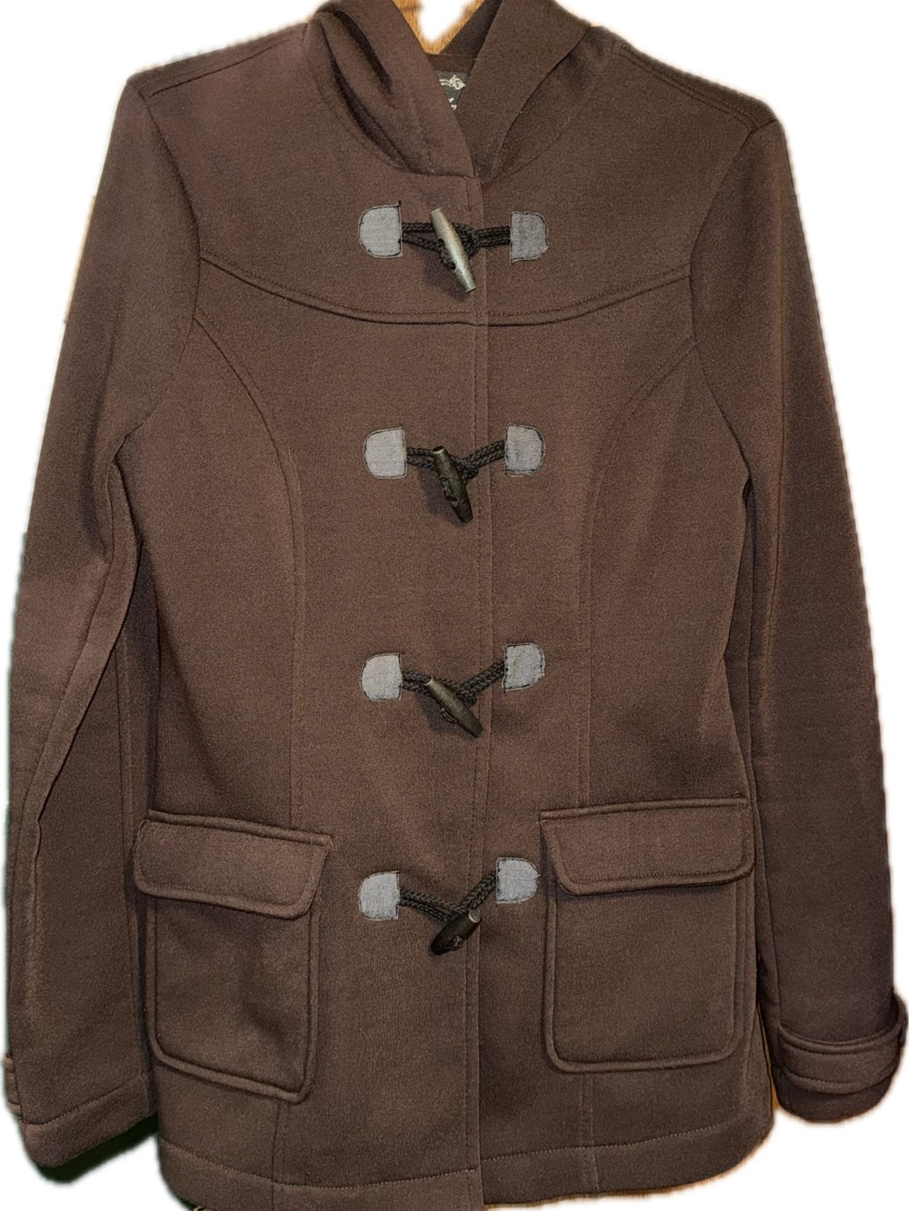 Ambiance Brown Hooded Fleece Toggle Duffle Pea Coat Jacket